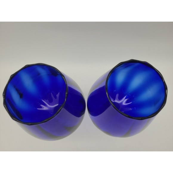 Pair Large Cobalt Blue Glass Goblets Handblown Swirl Stem Fluted Rim 10" - Picture 8 of 9